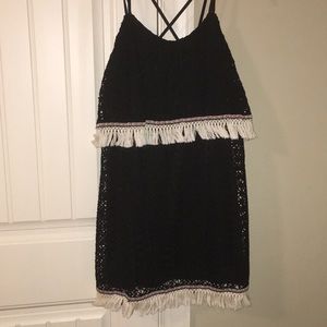 Black spaghetti strap dress with white fringe